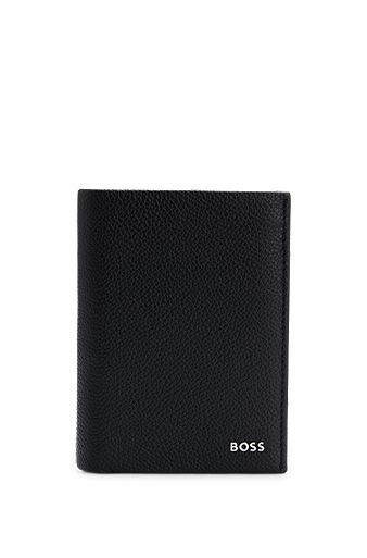 Grained-leather card holder with polished-silver logo lettering, Black
