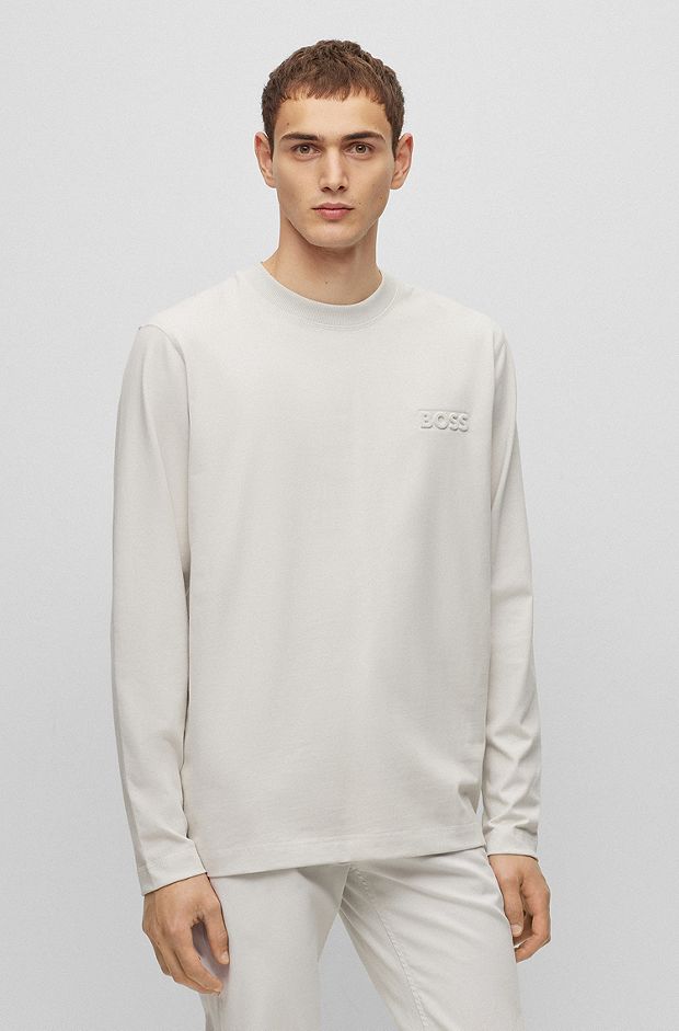 T-shirt de manga comprida em algodão pêssego com logótipo em relevo, Cinzento-claro