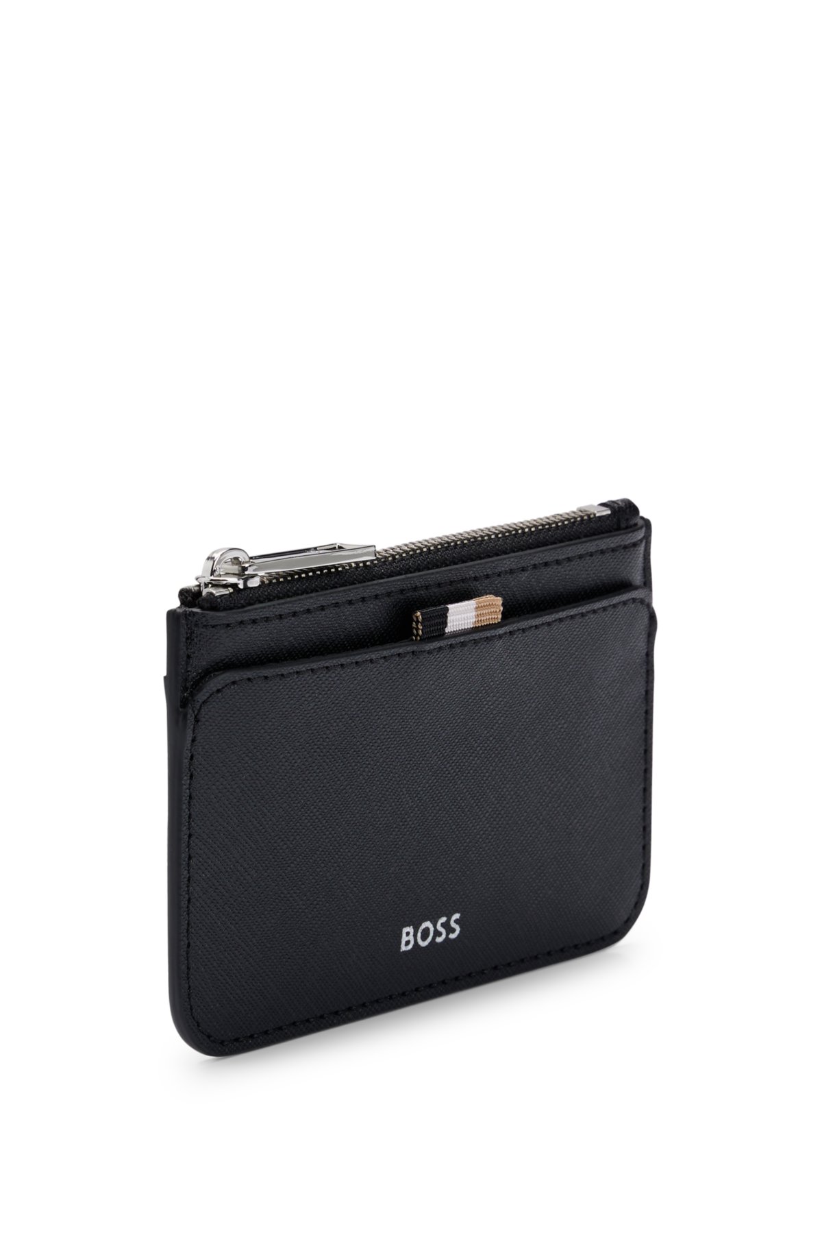 Structured card holder with zipped coin pocket, Black