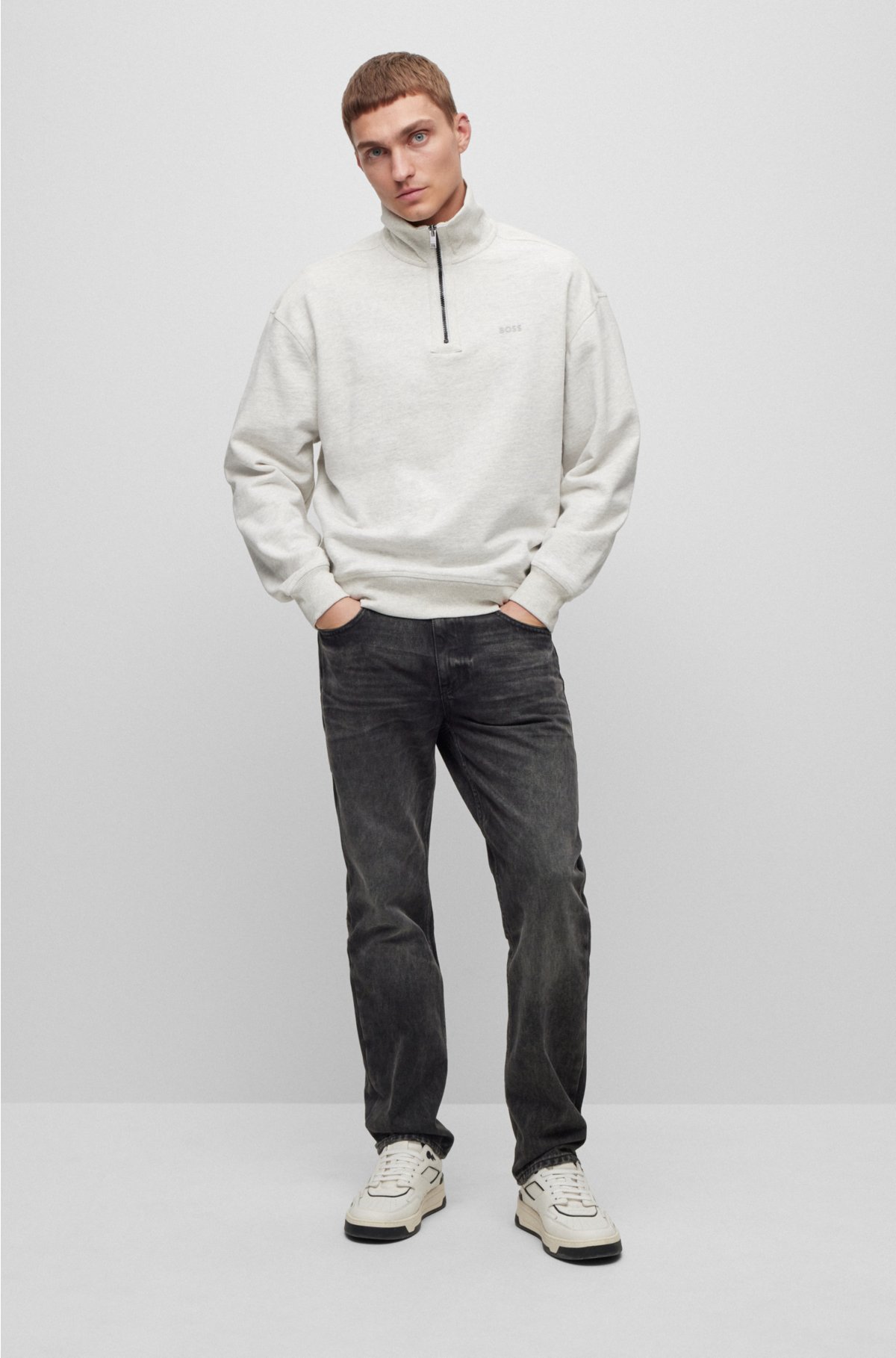 BOSS - Zip-neck sweatshirt in melange slub cotton with logo