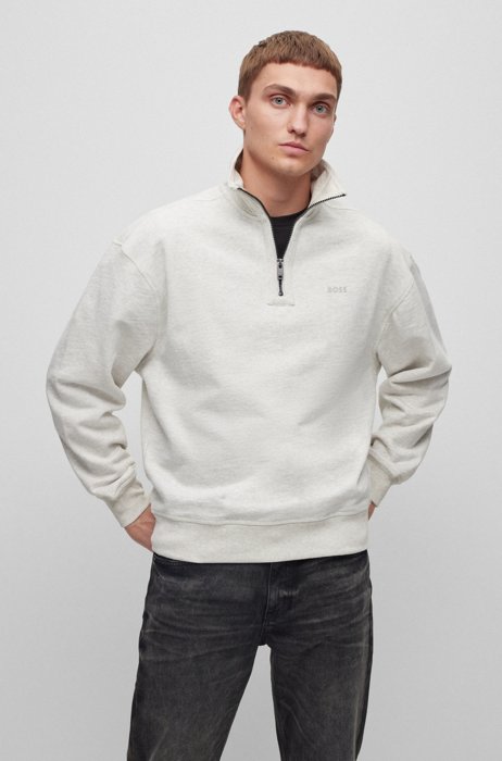 Zip-neck sweatshirt in melange slub cotton with logo, Light Grey