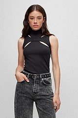 Sleeveless mock-neck top with cut-out details, Black