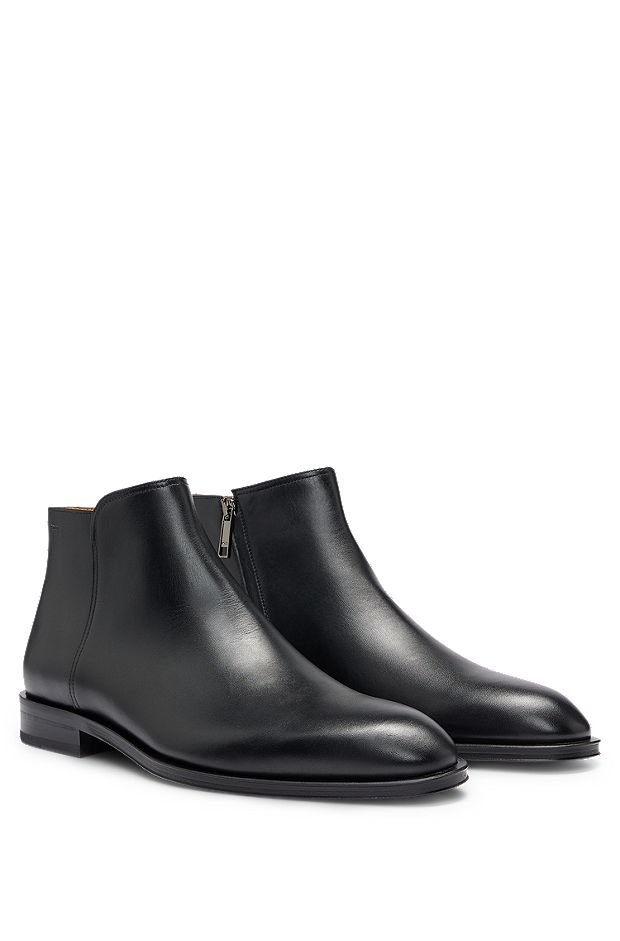 Italian leather ankle boots with embossed logo, Black