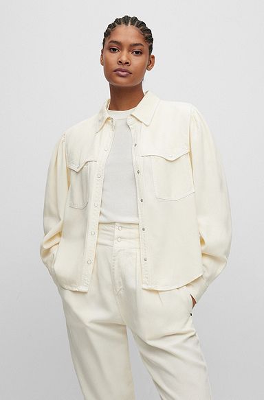Regular-Fit Bluse mit Druckknöpfen und Spitzkragen, Weiß