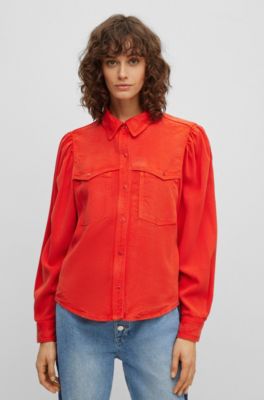 HUGO BOSS Womens Orange Slitted Button Cuffs Printed Long Sleeve Collared Cocktail Hi-Lo Top