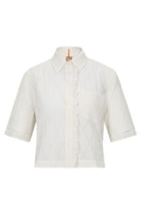 Regular-fit cropped blouse with frill-trim placket, White