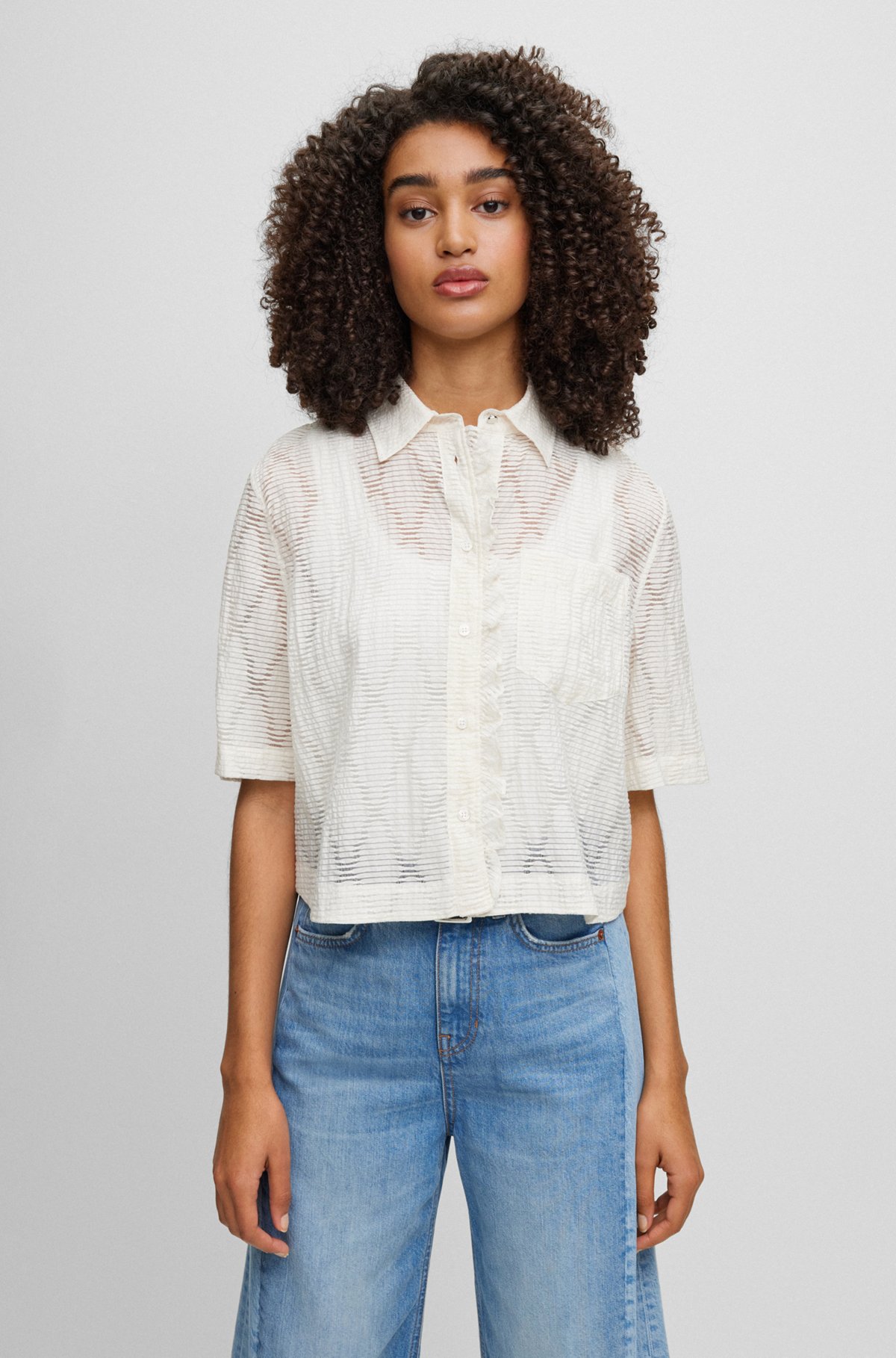 Regular-fit cropped blouse with frill-trim placket, White