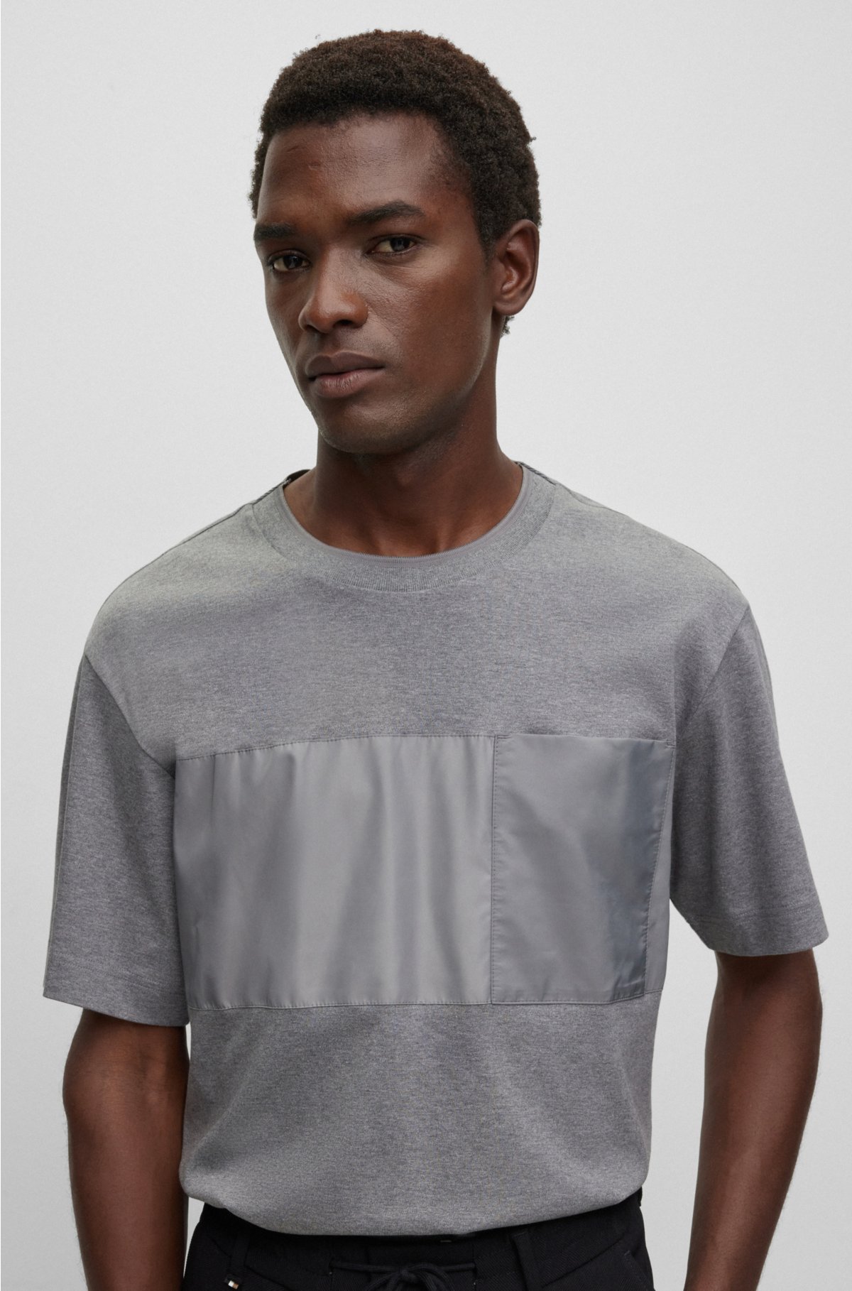 Mercerised-cotton regular-fit T-shirt with contrast panel, Grey