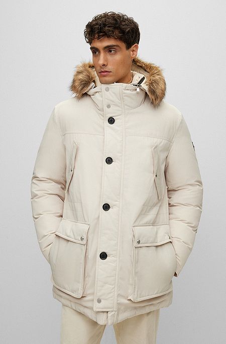 Water-repellent hooded down jacket with double-monogram trim, White