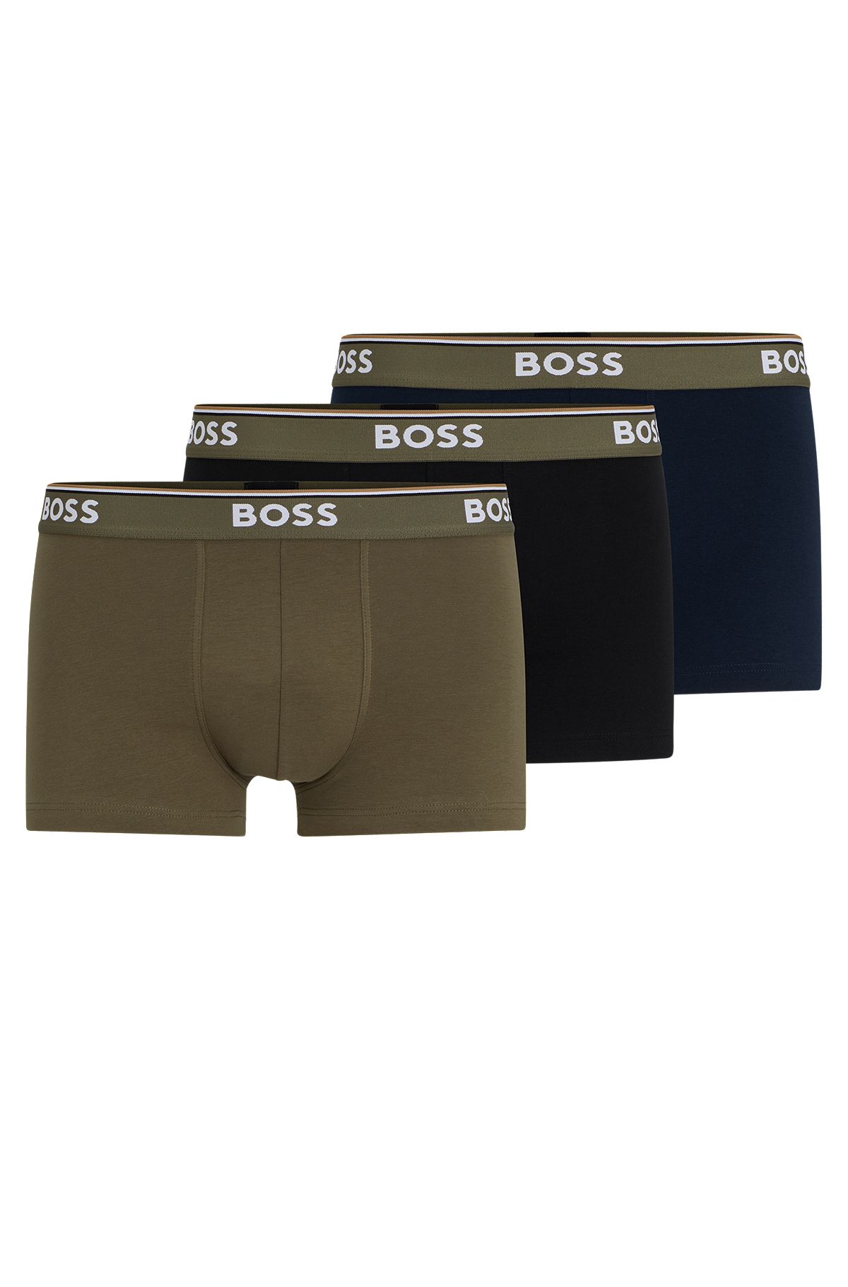 Three-pack of stretch-cotton trunks with logo waistbands, Black / Green / Blue