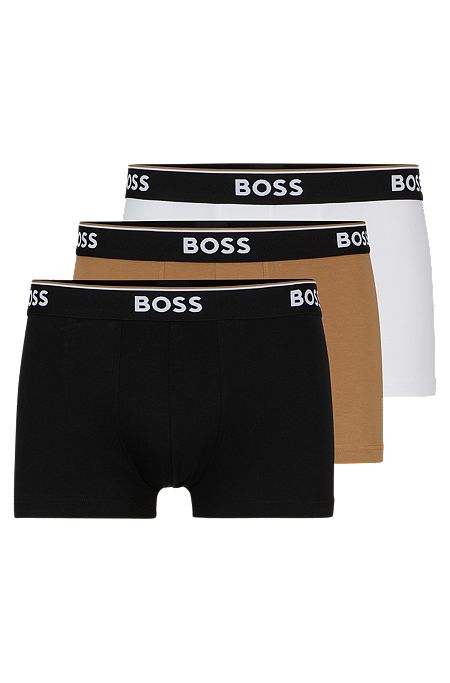 Three-pack of stretch-cotton trunks with logo waistbands, Black  /  White  /  Beige
