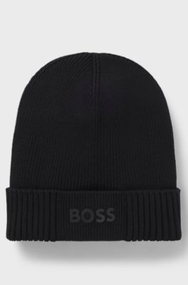 Cotton-blend beanie with rubber-printed logo, Black