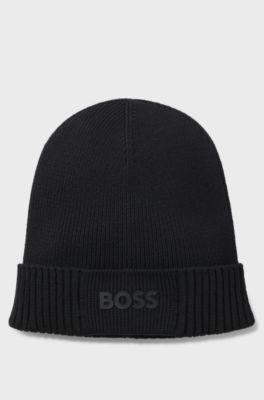 Cotton-blend beanie with rubber-printed logo, Black