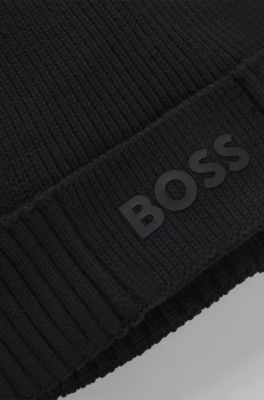 Cotton-blend beanie with rubber-printed logo, Black