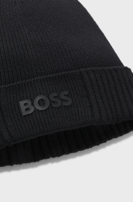 Cotton-blend beanie with rubber-printed logo, Black