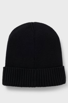 Logo-detail beanie hat in cotton and virgin wool, Black