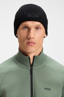 Logo-detail beanie hat in cotton and virgin wool, Black