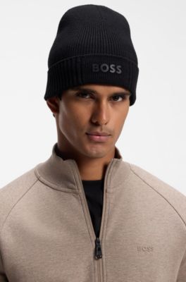 Cotton-blend beanie with rubber-printed logo, Black