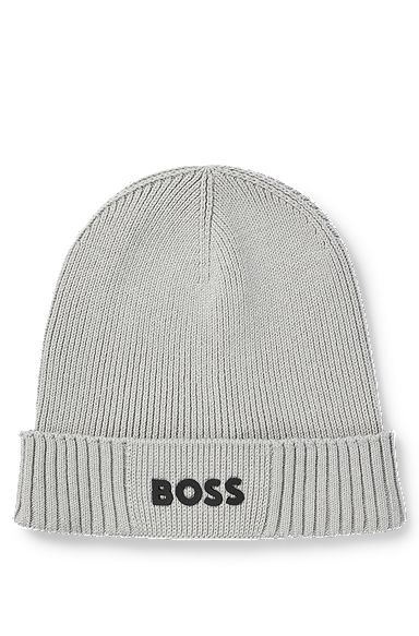 Cotton-blend beanie hat with contrast logo, Light Grey