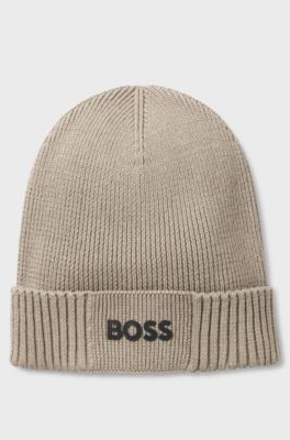 Cotton-blend beanie with rubber-printed logo, Beige