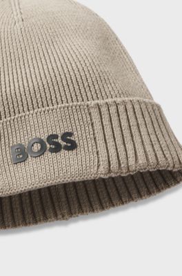 Cotton-blend beanie with rubber-printed logo, Beige