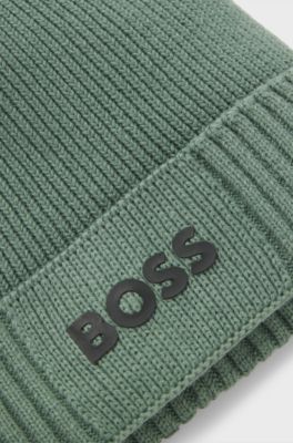 Beanie van katoen en scheerwol met logodetail, Kalk