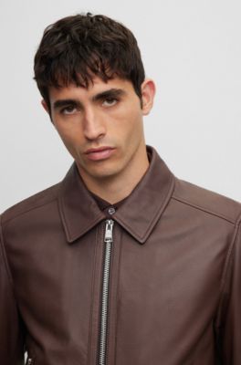 BOSS Leather jacket with twoway zip