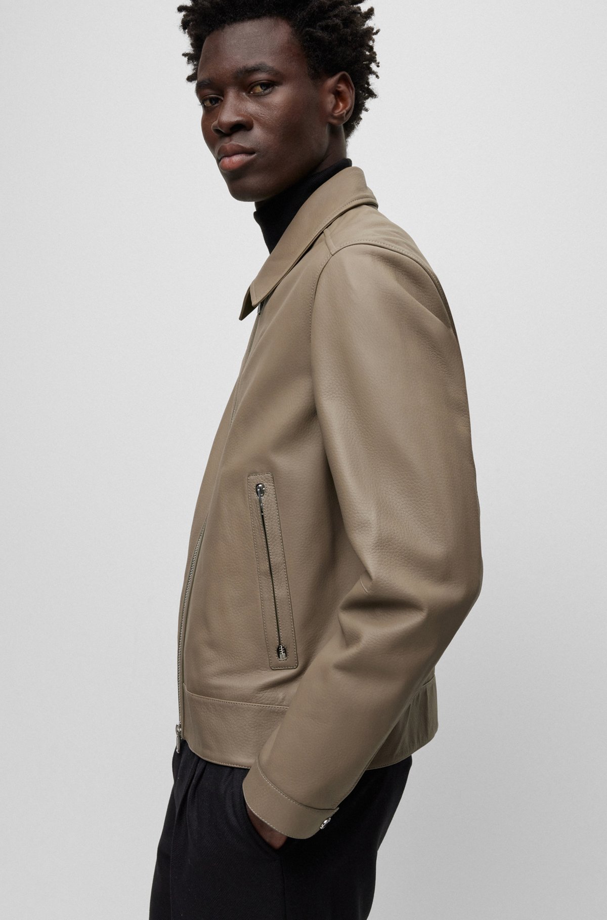 Leather jacket with two-way zip, Khaki