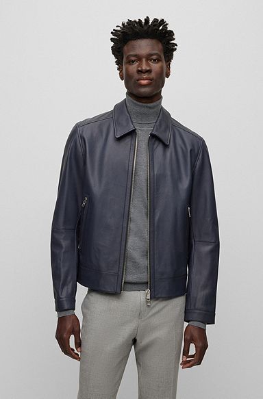 Leather jacket with two-way zip, Dark Blue