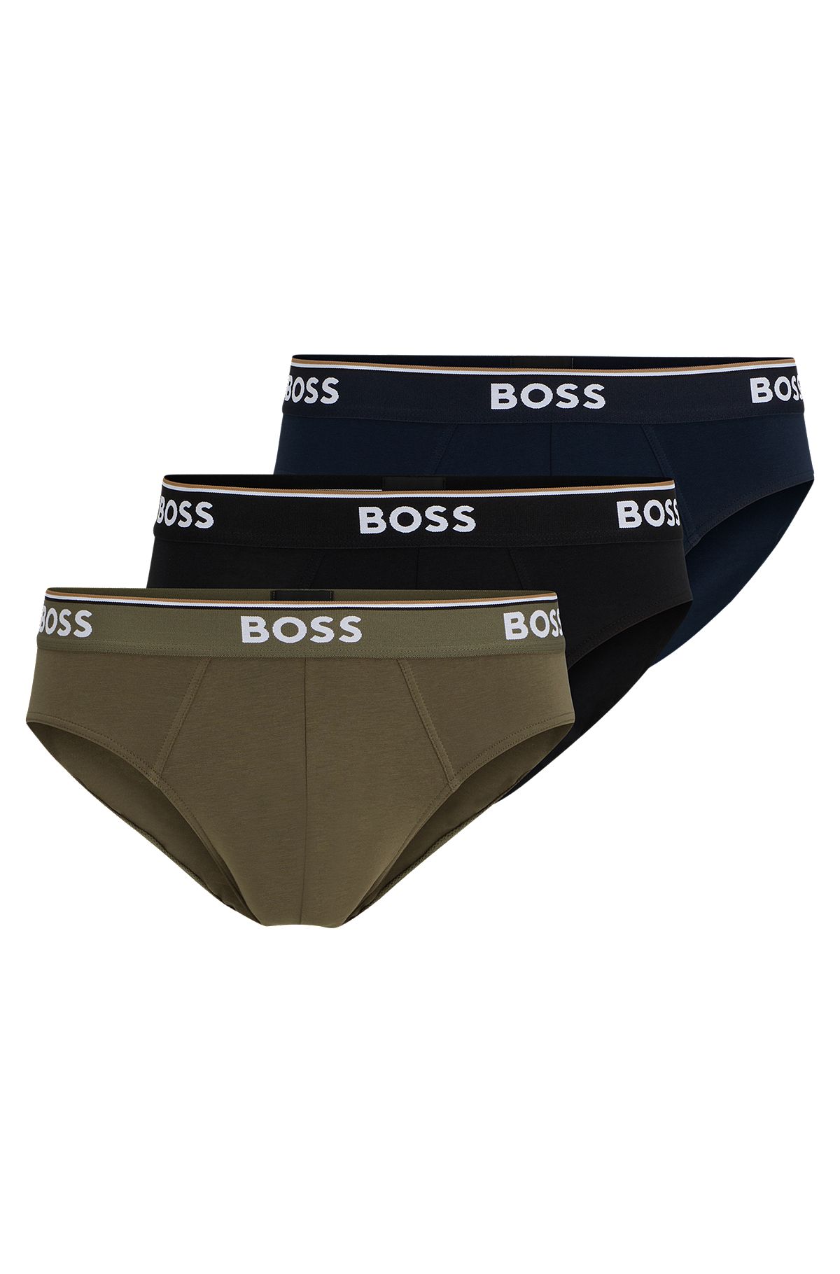 Triple-pack of stretch-cotton briefs with logo waistbands, Black / Dark Green / Dark Blue