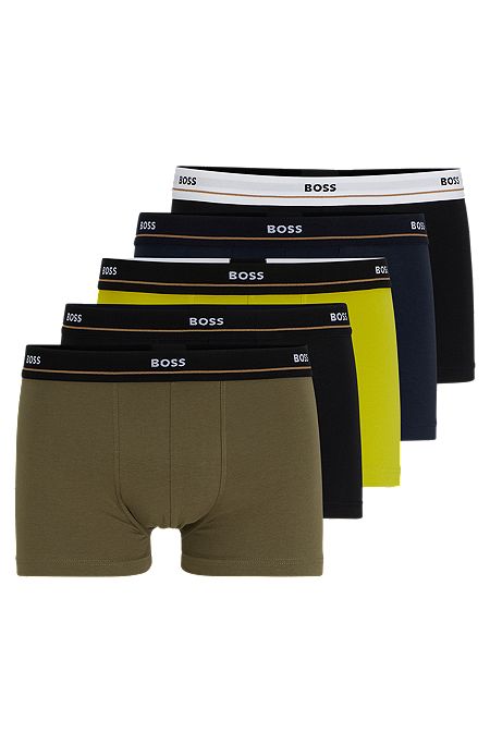 Five-pack of stretch-cotton trunks with logo waistbands, Green / Yellow / Black / Blue