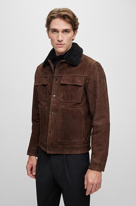 Suede jacket with teddy collar and patch pockets, Dark Brown