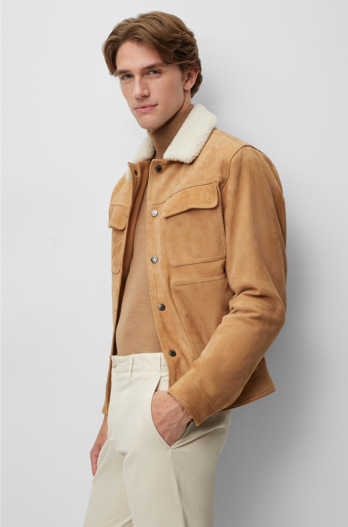 Suede jacket with teddy collar and patch pockets, Brown