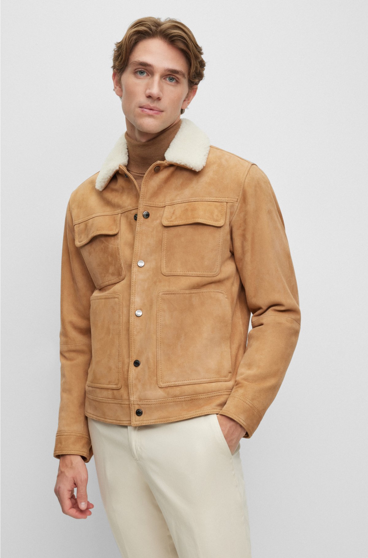 BOSS - Suede jacket with teddy collar and patch pockets