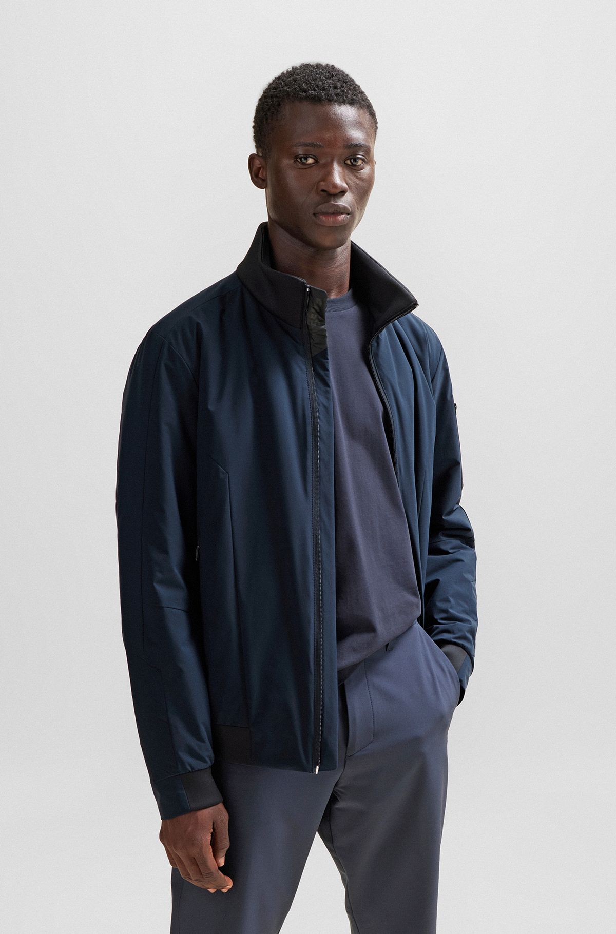 Water-repellent padded jacket with branded sleeve pocket, Dark Blue
