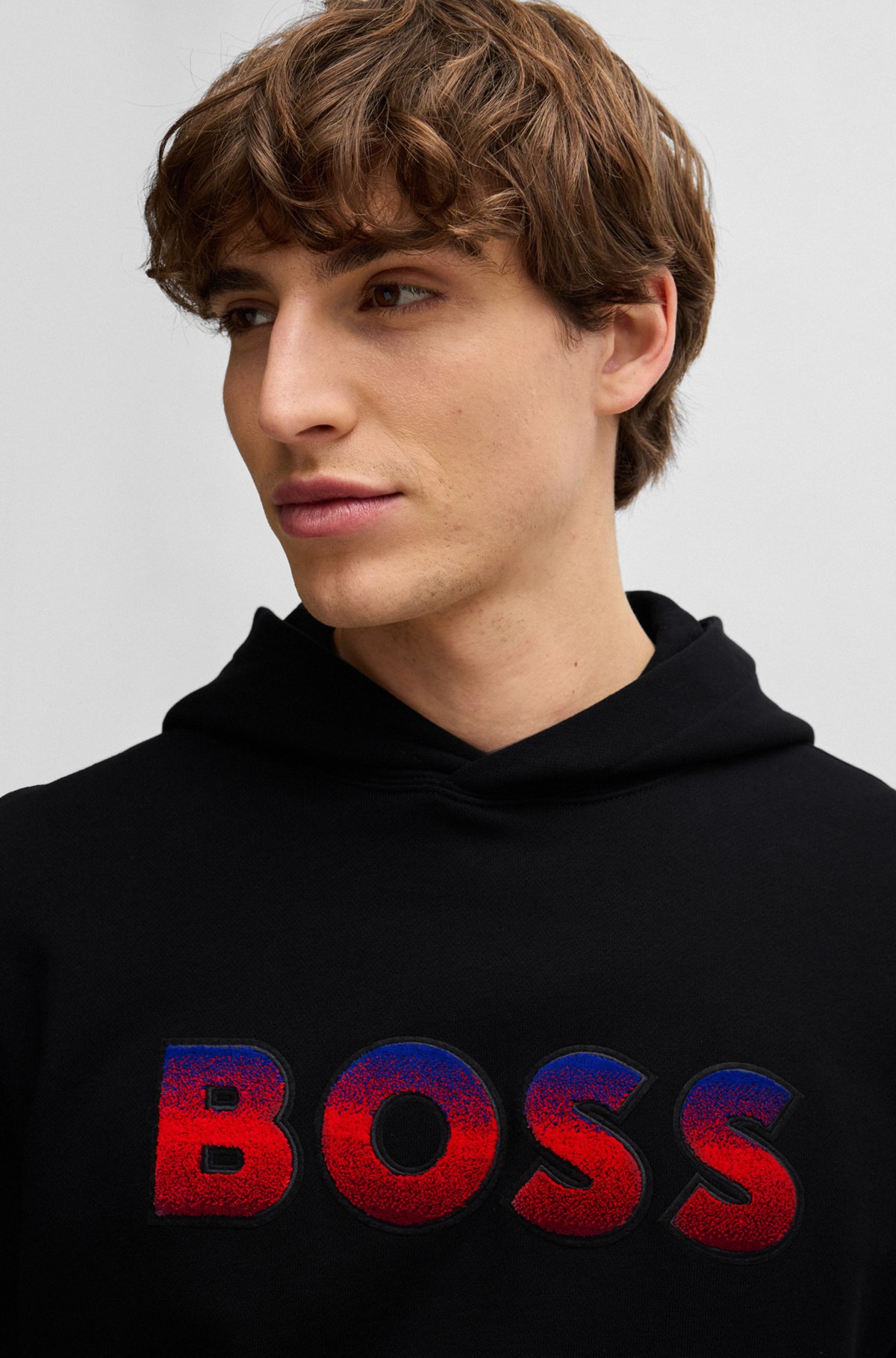 Cotton-terry regular-fit hoodie with degradé logo, Black