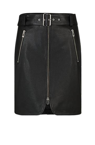 Zip-front mini skirt in leather with belted waist, Hugo boss