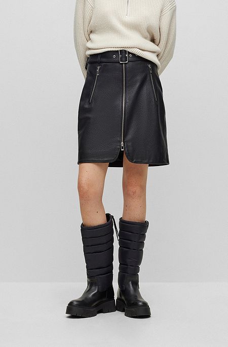 Zip-front mini skirt in leather with belted waist, Black