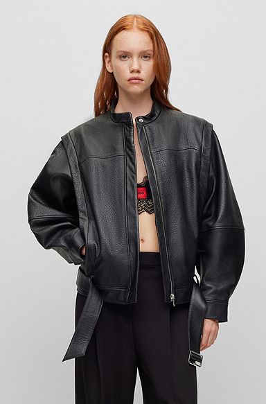 Oversized-fit leather jacket with zip-off sleeves, Black