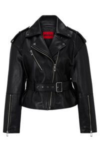 Relaxed-fit leather biker jacket with belt, Black