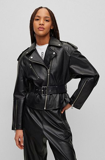 Relaxed-fit leather biker jacket with belt, Black