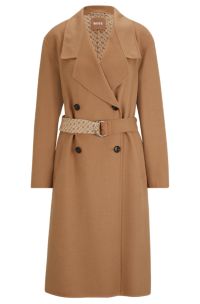 BOSS - Regular-fit wool-blend coat with monogram-jacquard belt