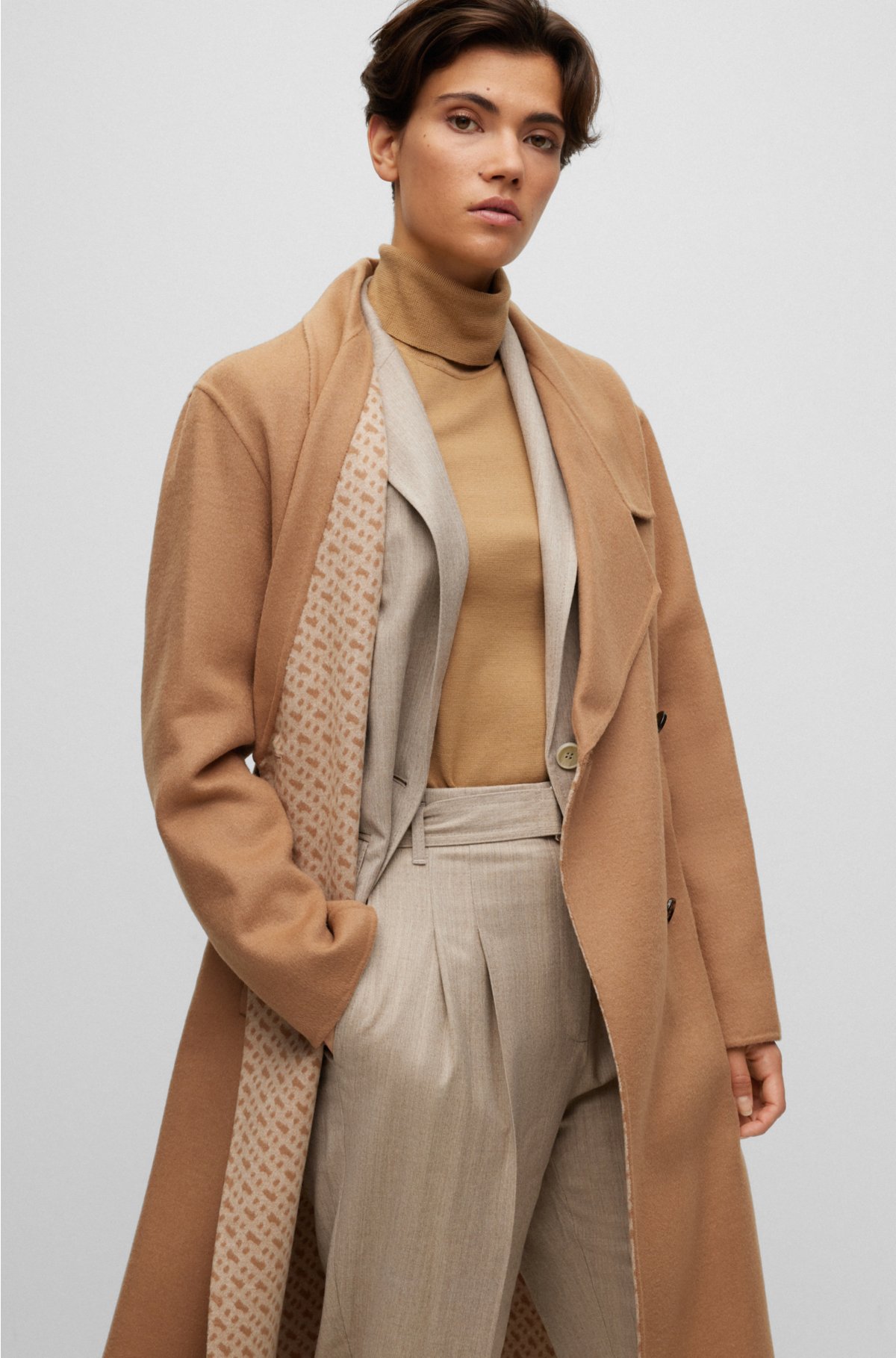 BOSS - Regular-fit wool-blend coat with monogram-jacquard belt