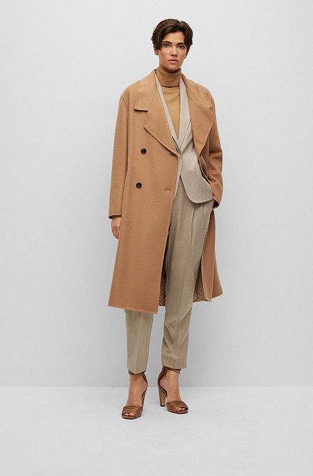 Regular-fit wool-blend coat with monogram-jacquard belt, Beige