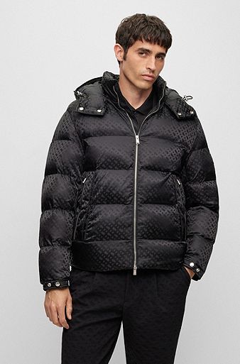 Waterafstotende, gewatteerde jas met capuchon en monogramjacquard, Zwart