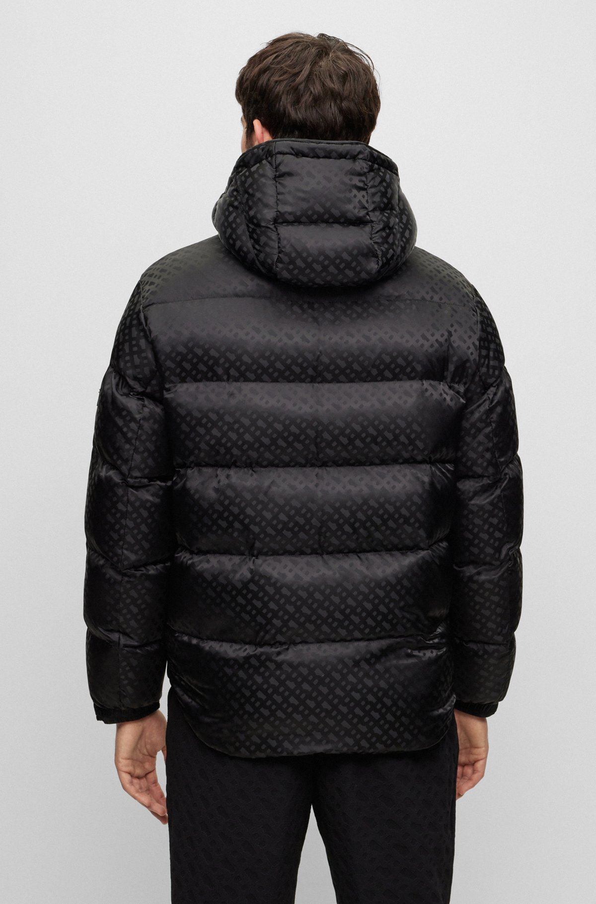 Monogram-jacquard water-repellent padded jacket with hood, Black