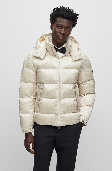 Водоотталкивающая стеганая куртка с капюшоном из ткани жаккардового переплетения с монограммами, Белый