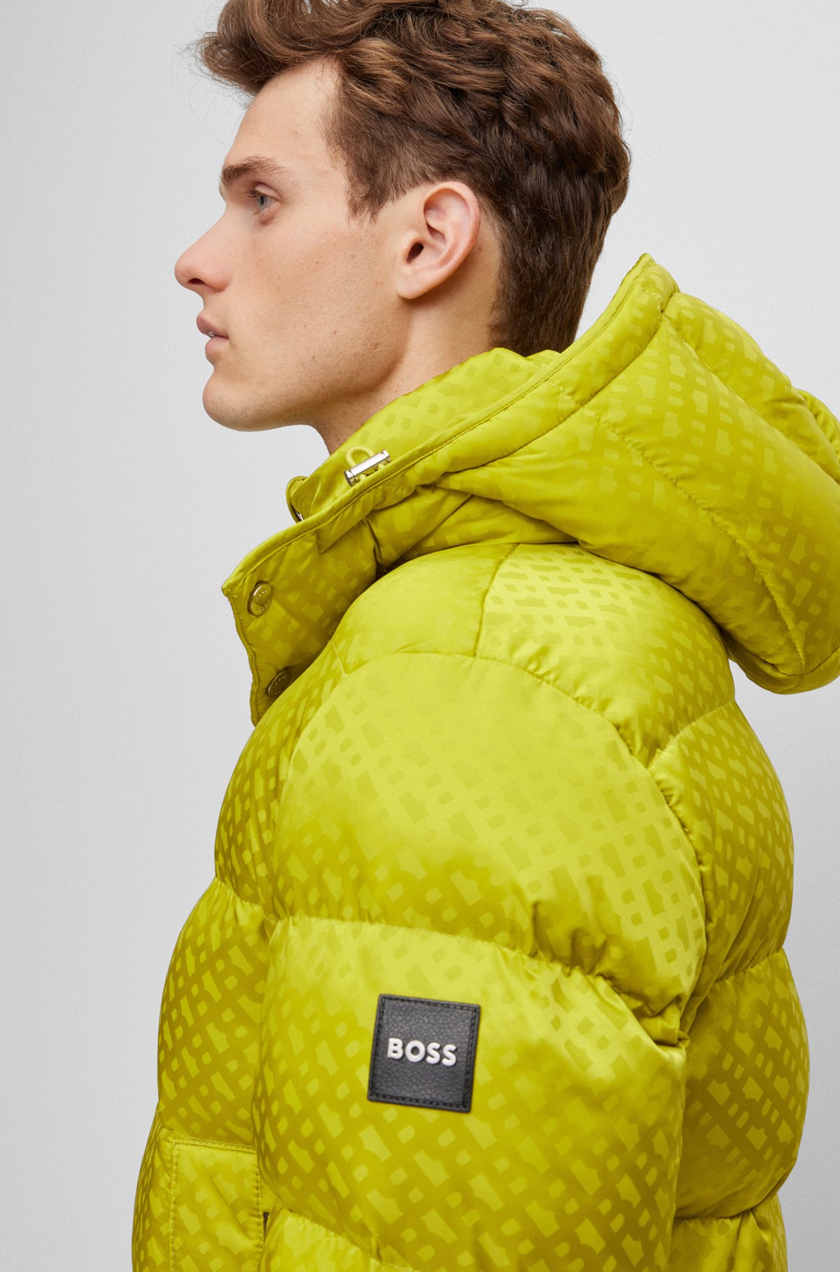 Monogram-jacquard water-repellent padded jacket with hood, Light Green