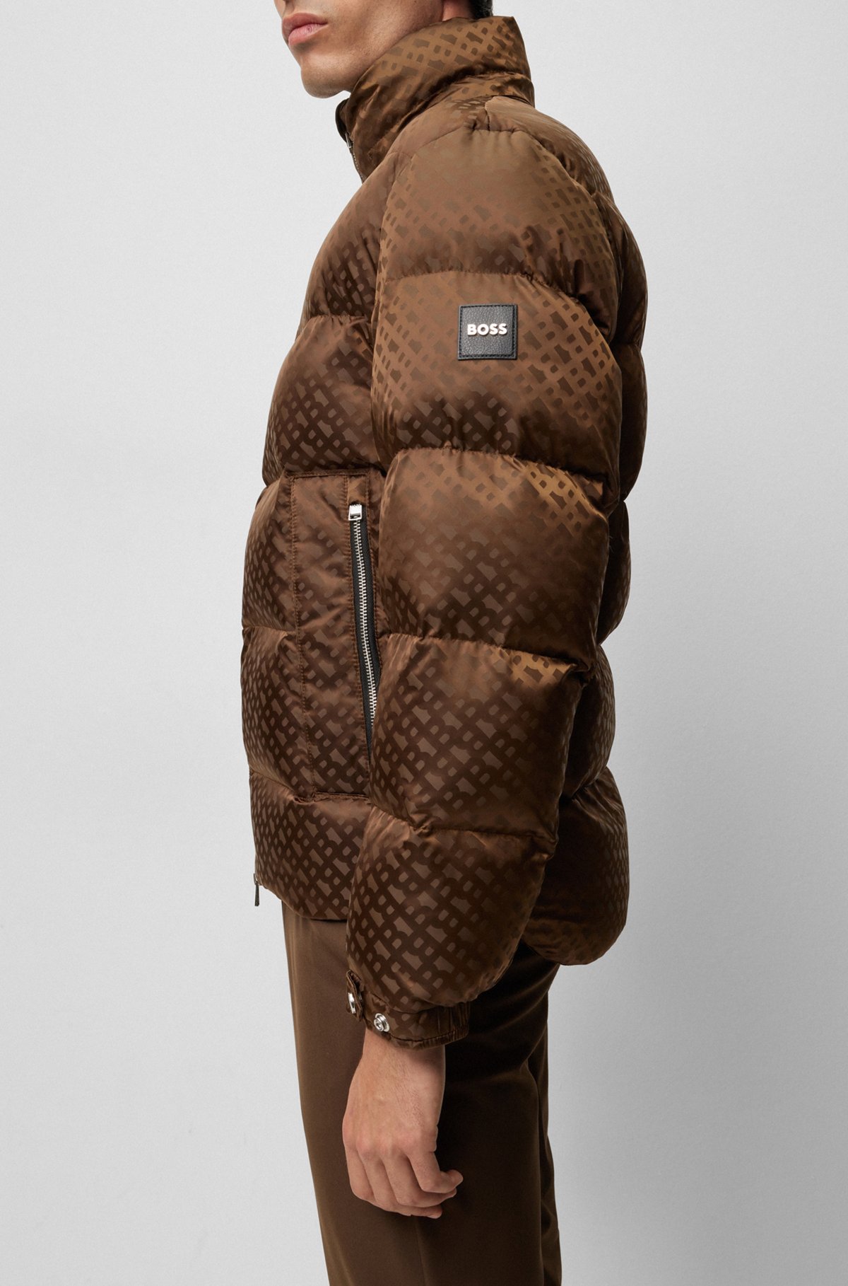 Monogram-jacquard water-repellent padded jacket with hood, Brown