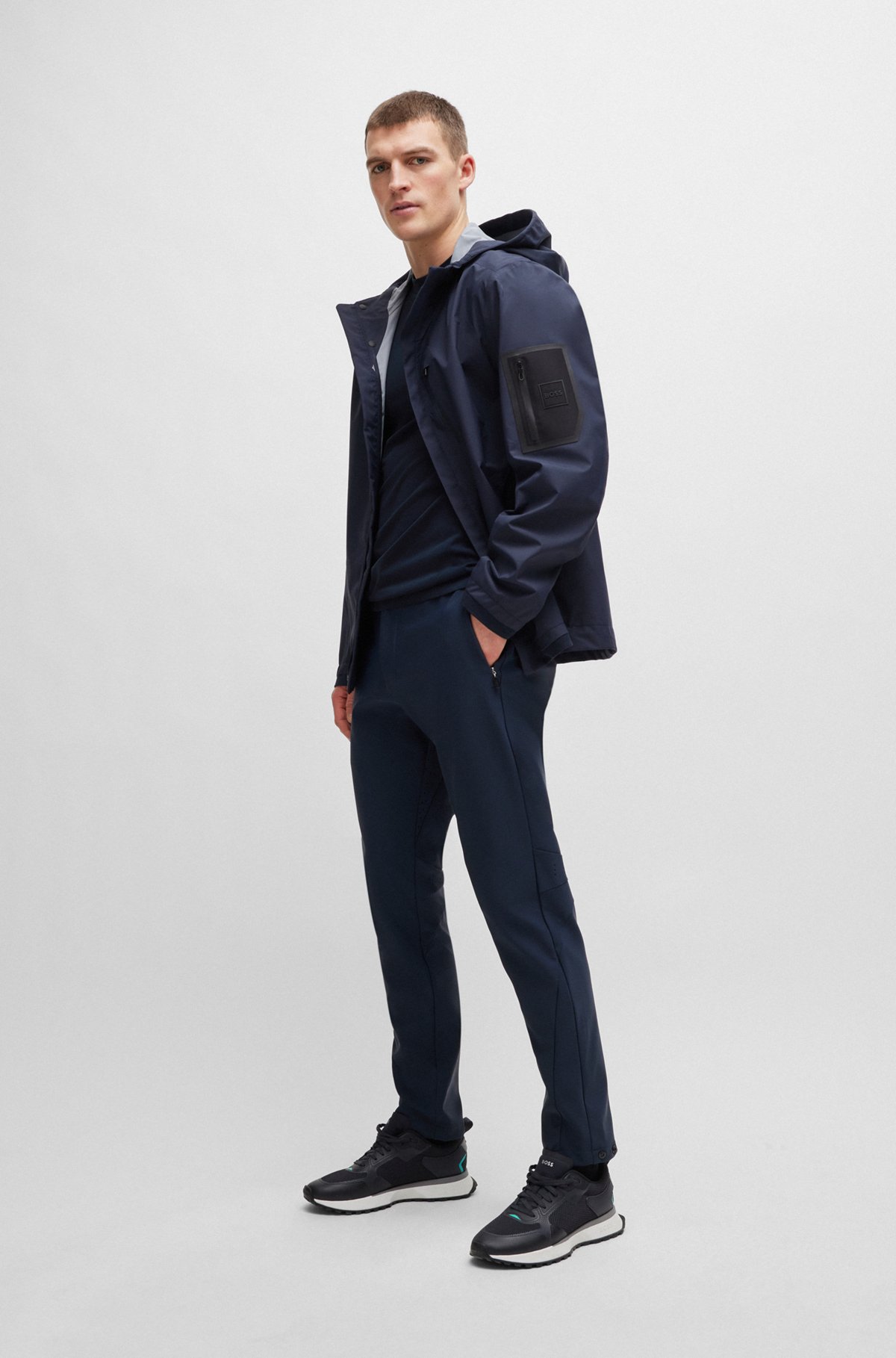 Water-repellent hooded jacket with debossed details, Dark Blue